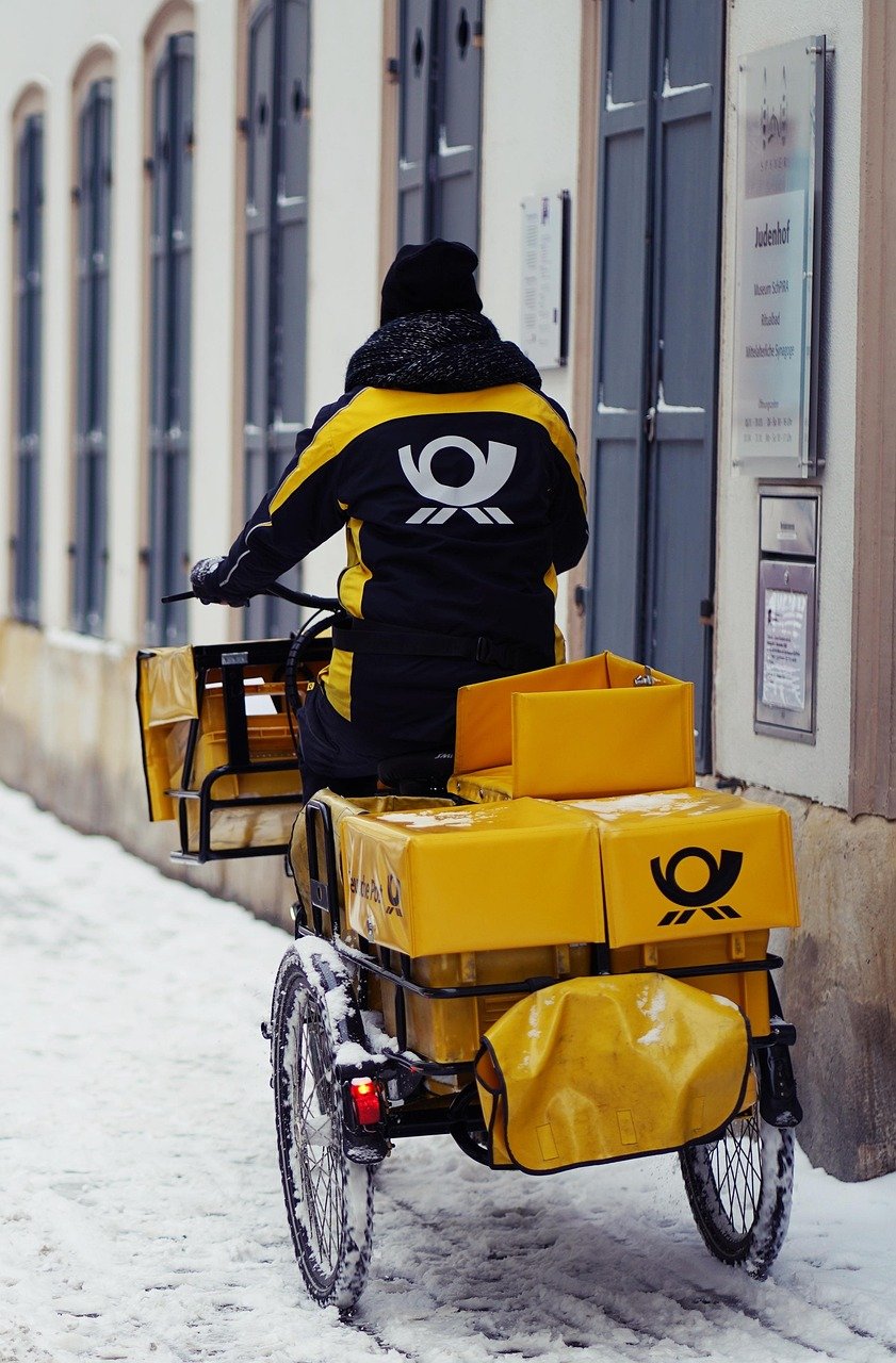 bicycle, delivery, snow, winter, bike, mail, letters, logistics, shipping, parcel shipping, package delivery, parcel delivery, parcel service, transport, dhl bike, nature, german post, vehicle, road, street