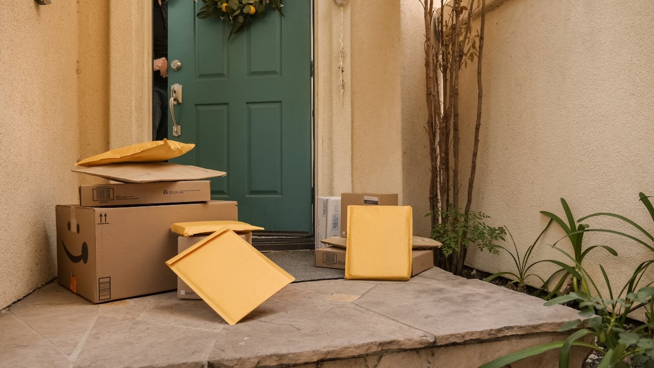 why-choose-us Multiple delivery packages and parcels stacked at a teal front door entrance on a porch.